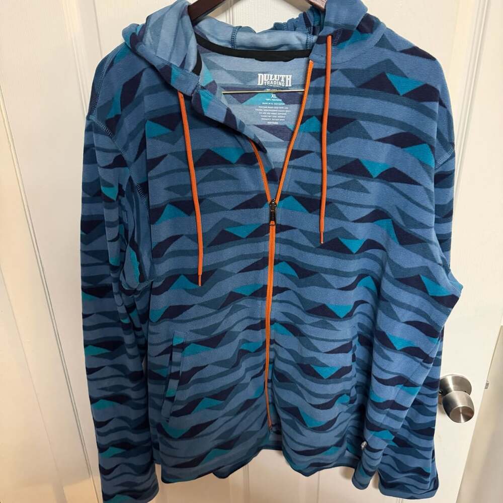 Duluth Trading Co Full Zip Blue Aztec Fleece Hoodie Men's XL Relaxed Fit